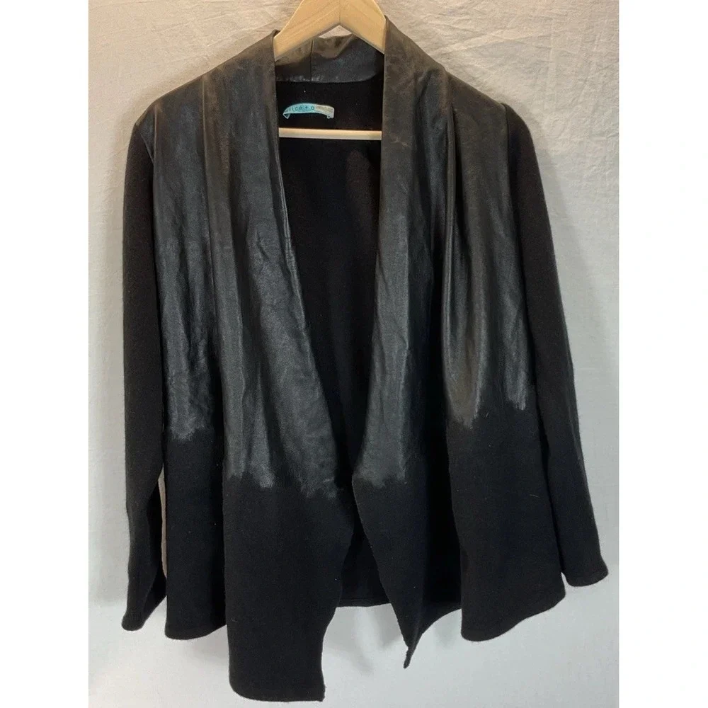 Alice+Olivia black Lambs leather Wool Open Front color block Jacket Size S‎